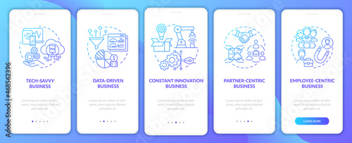 Successful business models gradient onboarding mobile app page screen. Company walkthrough 5 steps graphic instructions with concepts. UI, UX, GUI vector template with linear color illustrations