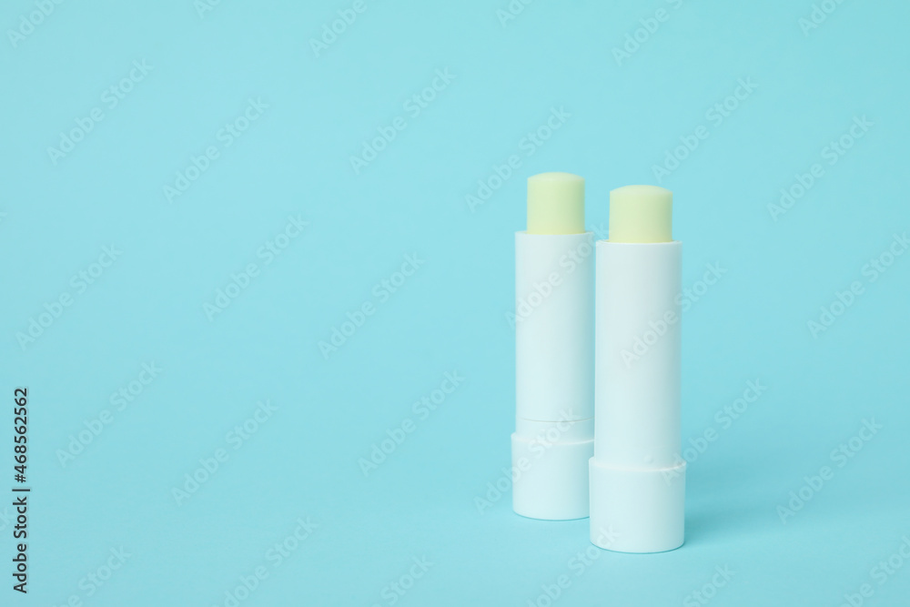 Eco lipstick on blue background, space for text Eco lipstick on blue background, space for text