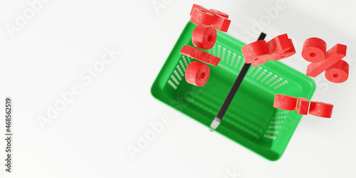 3d render. Green plastic supermarket shopping cart with black handle isolated on white background. Red volumetric inscriptions of percent are falling. View from above.
