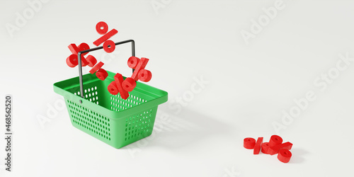 3d render. Green plastic supermarket shopping cart with black handle isolated on white background. Red volumetric inscriptions of percent are falling.