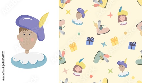 Roetpiet helper of St. Nicholas and seamless vector illustration pattern with children's boot and piet for wrapping paper concept. Dutch holiday Sinterklaas yellow background.