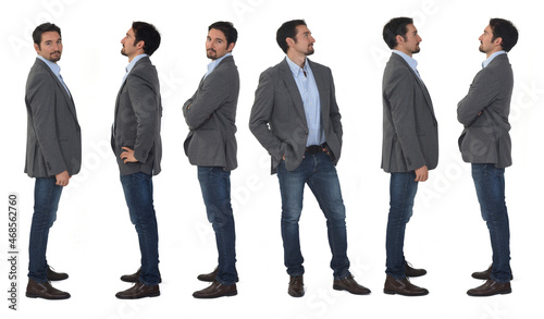 side view of a group of same man with blazer and jeans on white background