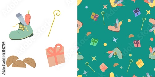 Seamless vector illustration pattern and set with children's boot with carrot and letter for St. Nicholas for holiday day wrapping paper concept. Dutch holiday Sinterklaas green background.