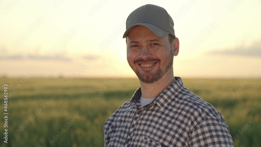 farmer with tablet smiling green wheat field, agriculture, green field ...