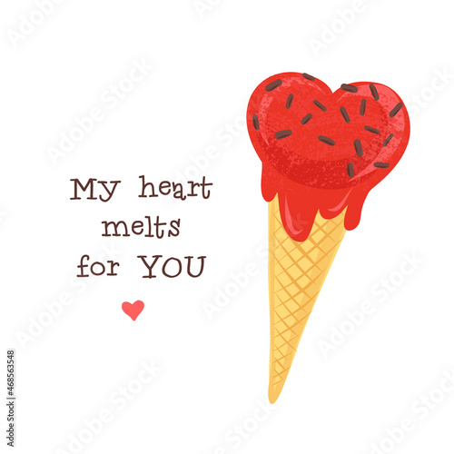 Valentines Day sweets postcard with love quote. My heart melts for you phrase. Romantic treat card design. Vector illustration.