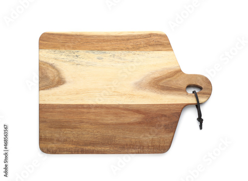 Wooden cutting board isolated on white, top view. Cooking utensil
