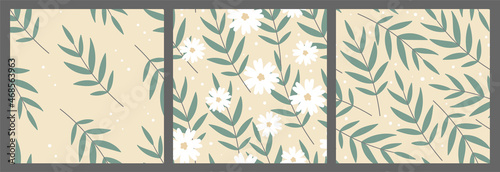 Olive tree branches seamless pattern collection. Cute hand drawn botanical plant elements on pastel yellow background. Minimal olive branches with leaves and white flowers vector prints
