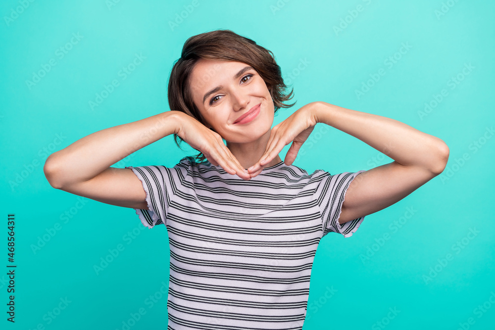 Photo of young pretty girl happy positive smile skincare beauty hydration isolated over teal color background