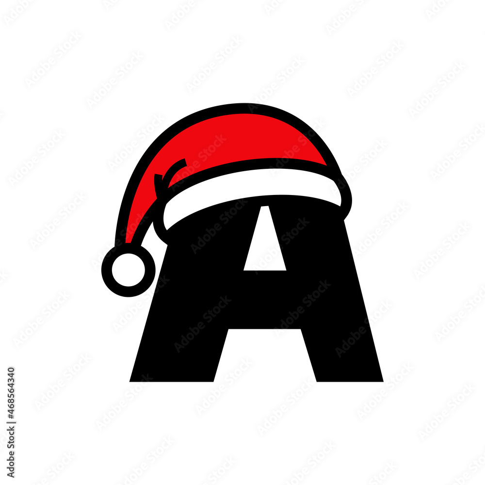 Logotipo con letra inicial A con silueta lineal de sombrero de Papá Noel en color negro y rojo, para su uso en invitaciones y tarjetas de felicitación Logotipo con letra inicial A con silueta lineal de sombrero de Papá Noel en color negro y rojo, para su uso en invitaciones y tarjetas de felicitación