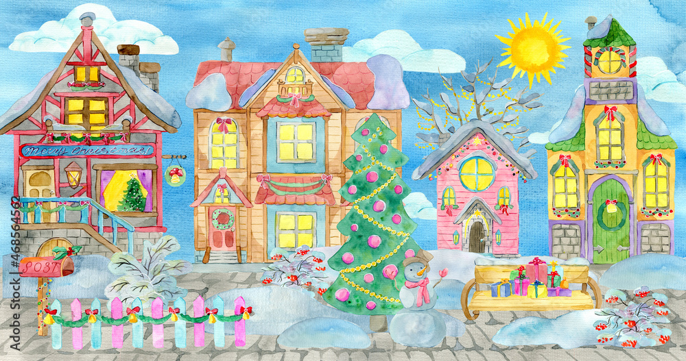 Greeting card with magic Christmas houses in village or town, with decorated conifer, trees and shrubs in snow at sunny day.