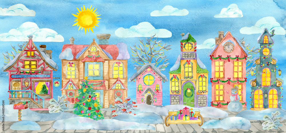 Greeting card with magic Christmas village and beautiful houses, with decorated conifer, trees and shrubs in snow at sunny day.