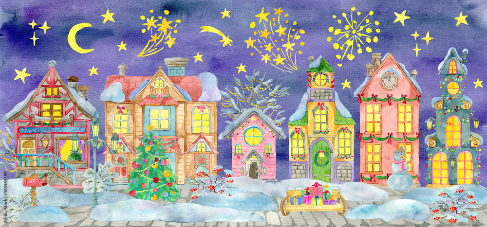 Greeting card with magic Christmas village and beautiful houses, with decorated conifer, trees and shrubs in snow at night.