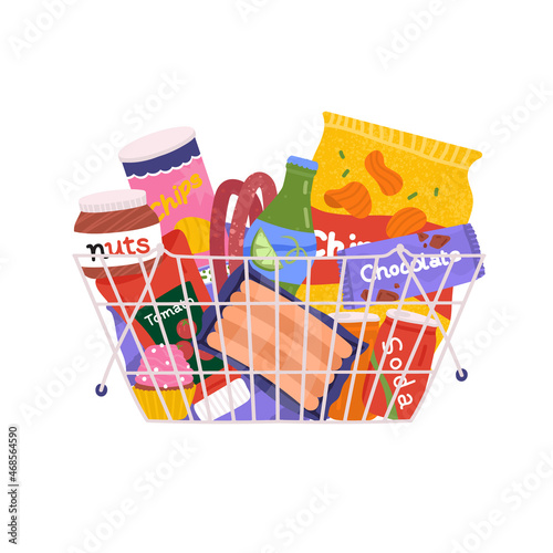 Shopping basket with junk food illustration. Unhealthy, forbidden meals chips, soda, sausages, ketchup, chocolate in packaging. Snacks for party with friends vector concept. Harmful products for life.