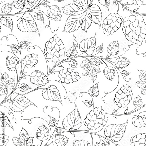 Seamless pattern of branches of hops on white background. © Kotkoa