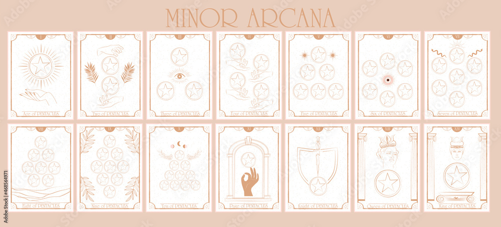 Set of Tarot card, Minor Arcana. Occult and alchemy symbolism. Pentacles - Material body or possessions . Editable vector illustration.