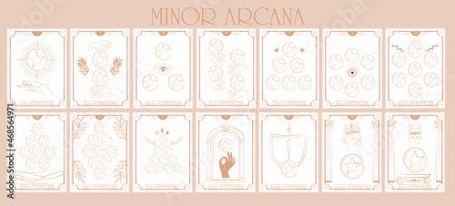 Set of Tarot card, Minor Arcana. Occult and alchemy symbolism. Pentacles - Material body or possessions . Editable vector illustration.