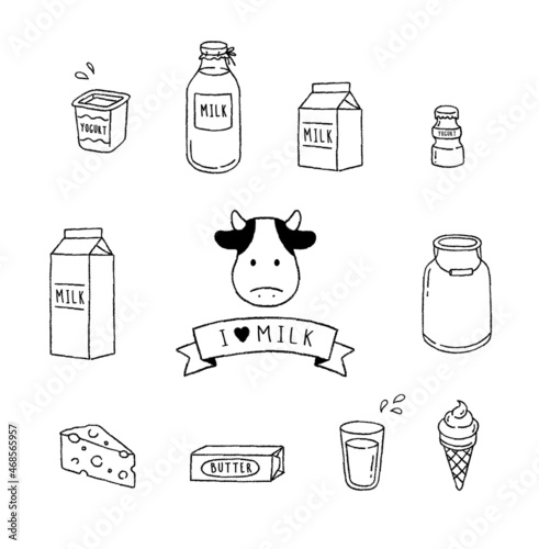 Cute milk icon set. milk and dairy product doodle. Simple Hand drawn style. Modern Black and white sketch line vector illustration.