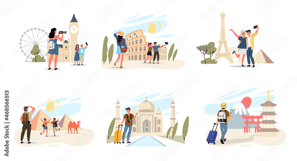 World landmarks and tourists vector. Travel theme cartoon vector characters