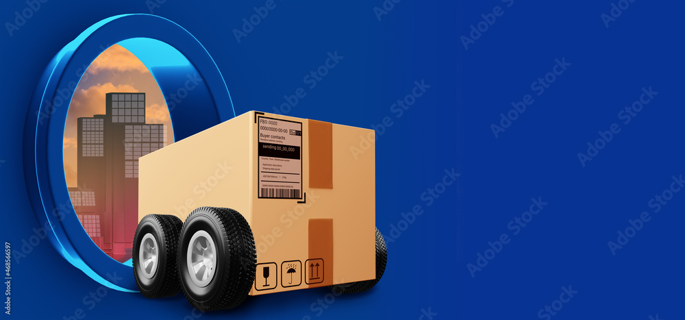 A box with wheels near city. Package with courier sticker. Parcel with FBS sign. Courier box on blue background. Place for your text. Banner for courier business. Delivery service company. 3d image. A box with wheels near city. Package with courier sticker. Parcel with FBS sign. Courier box on blue background. Place for your text. Banner for courier business. Delivery service company. 3d image.