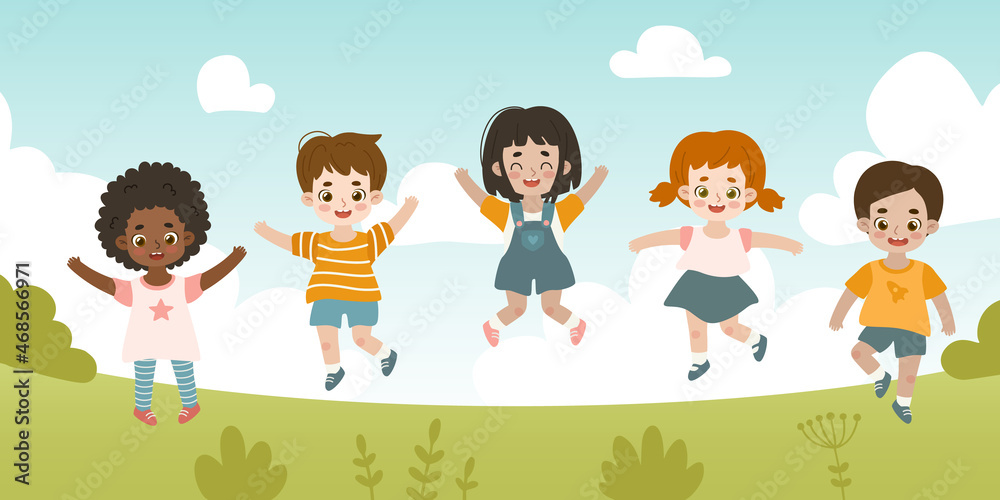 Diverse happy children jumping in park. Multiracial cartoon kids having fun activity outdoors.