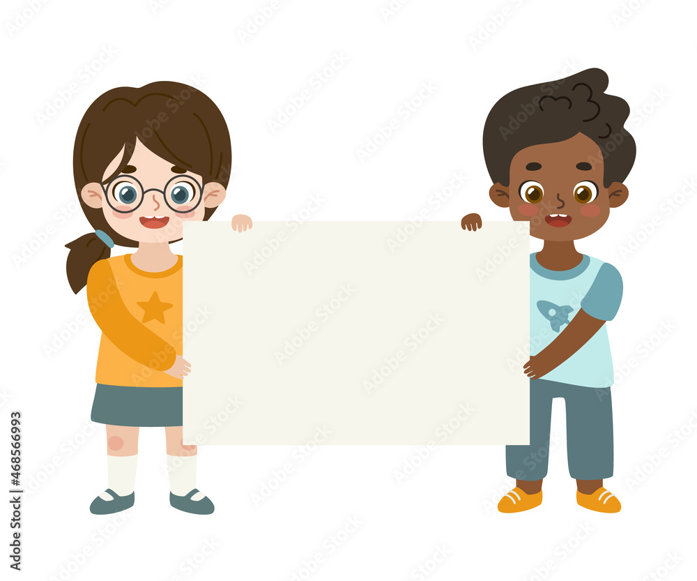 Boy and girl standing and holding empty banner together. Happy children showing blank paper sheet. Boy and girl standing and holding empty banner together. Happy children showing blank paper sheet.