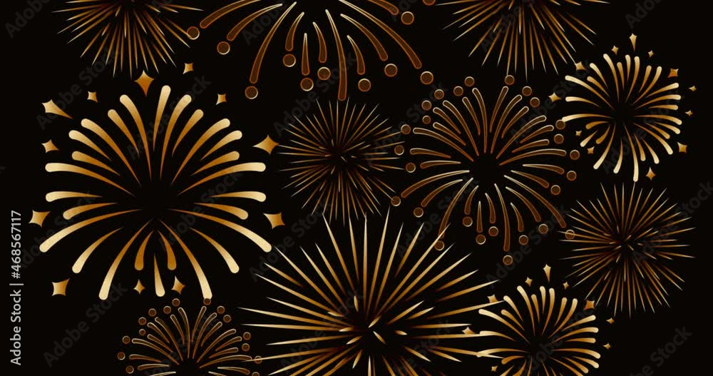 Animation of exploding gold fireworks scrolling on black background