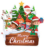Merry Christmas banner with Santa Claus and children