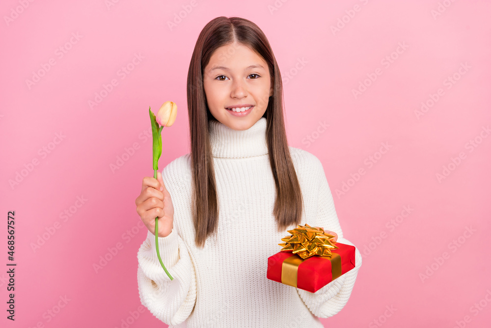 Photo of adorable cute preteen girl dressed white pullover holding flower present box smiling isolated pink color background Photo of adorable cute preteen girl dressed white pullover holding flower present box smiling isolated pink color background