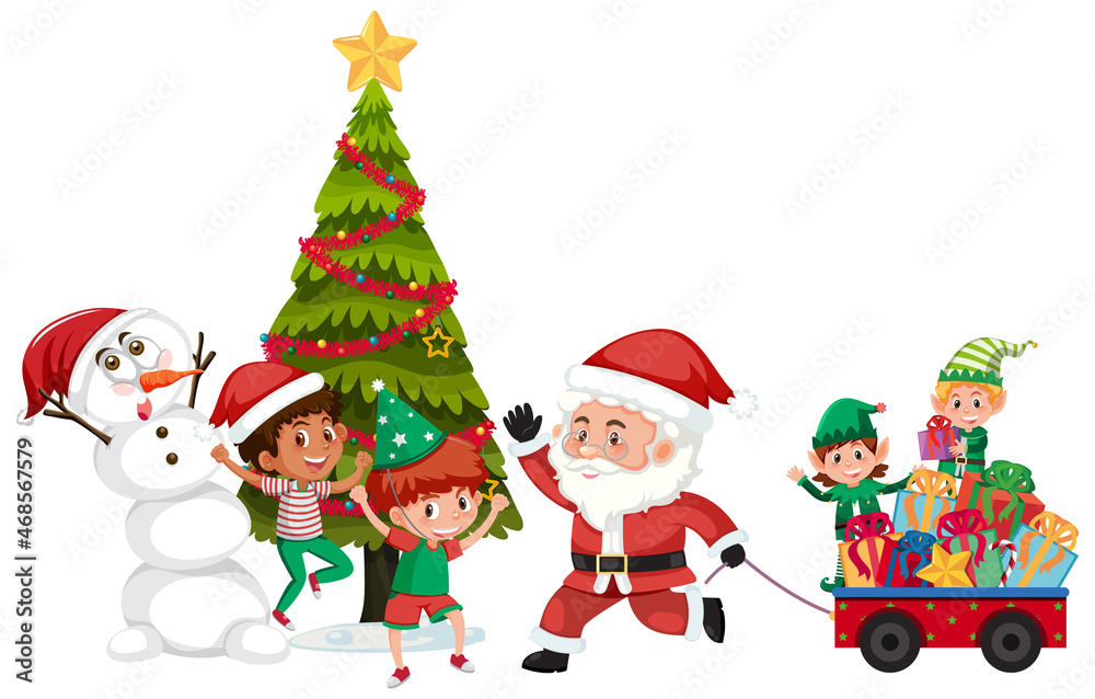 Santa Claus with happy children and Christmas tree Santa Claus with happy children and Christmas tree
