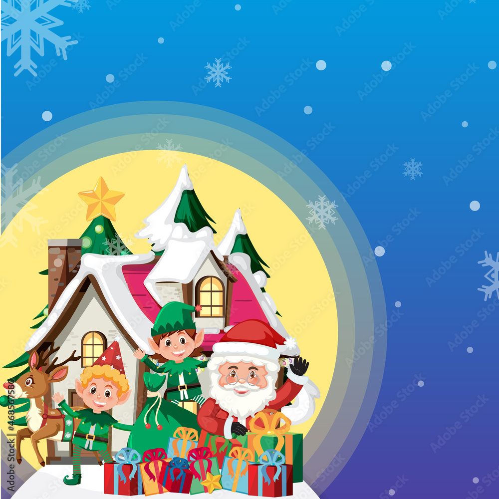 Naklejka premium Poster for Christmas with Santa Claus and elf and gifts
