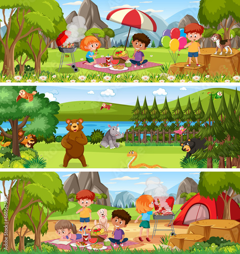 Different nature landscape at daytime scene with cartoon character