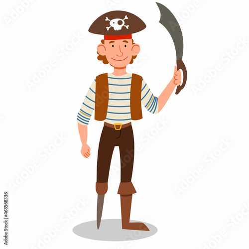 a pirate character in a suit, wearing a hat, without a leg and with a sword in his hand. vector illustration of a pirate sailor isolated on a white background