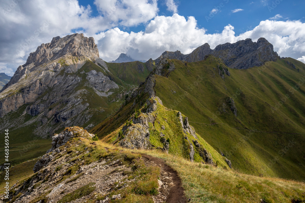 Lino Pederiva mountain ridge trail in the Dolomites.