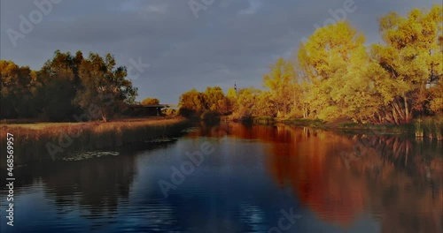 Wallpaper Mural Aerial view, a copter flies over the dark water of a rural river, a small bridge in the distance. Trees with golden foliage and reeds stand along the shore. Trees and gray sky are reflected in the Torontodigital.ca