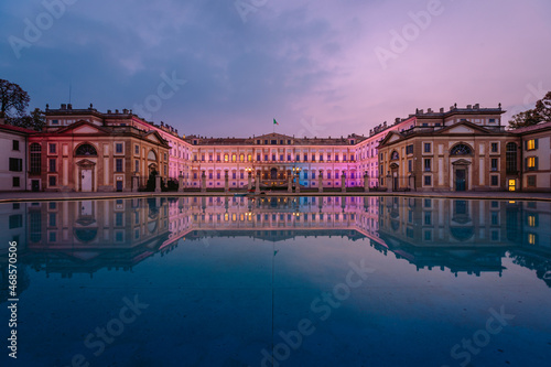 The Royal Villa of Monza, a neoclassical style building illuminated at sunrise