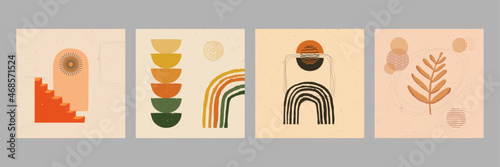 Vector illustration. Vintage contemporary art. Hand drawn staircase, window, plant leaves, rainbow. Mid century architecture. Boho design elements for web banner, social media template. Wall art decor