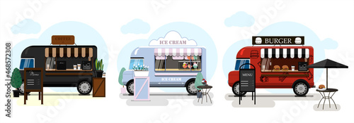 Set of vector food trucks with coffee, burlers and ice cream. Vector flat illustration of a fast food place on wheels with a striped awning and an advertising stand with a menu. Stylish retro