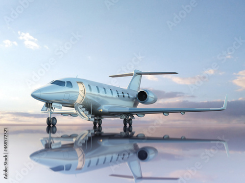 Business jet on beautiful evening sky background, standing on empty runway, waiting for vip passengers. 3D render.