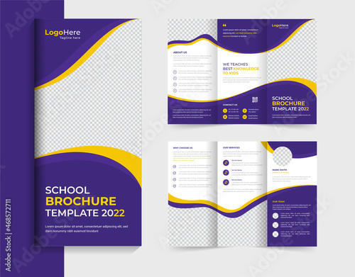 School education trifold brochure design template layout with purple and yellow organic shapes vector