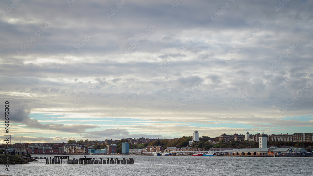 Panorama of Dusk on the River Tyne, view of North Shields across the river, South Tynside