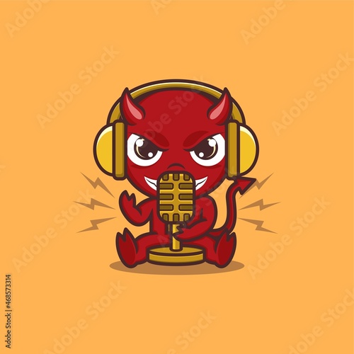cute cartoon devil doing radio broadcast or podcast. vector illustration for mascot logo or sticker