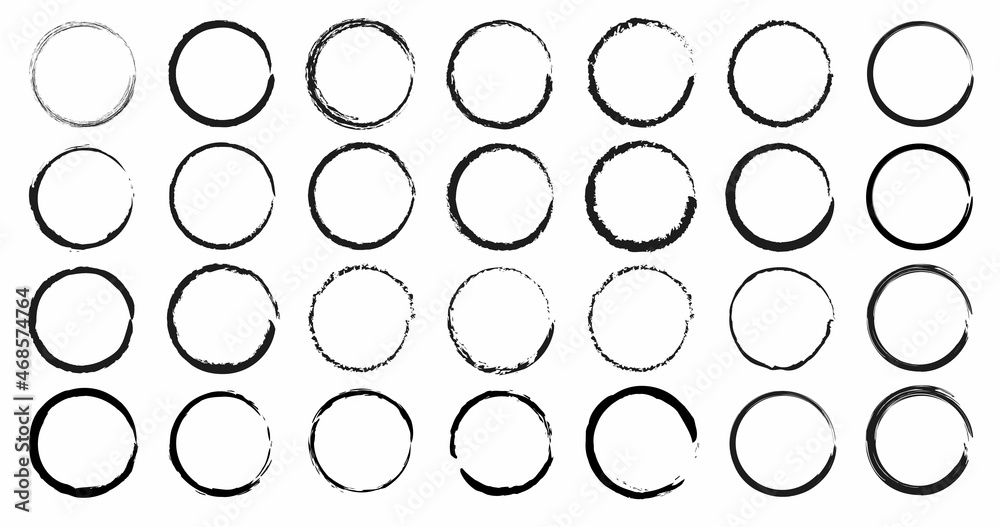 Set of circle brushes elements. Different circle brush strokes. Grunge round shapes. Boxes, frames for text, labels, logo, grunge