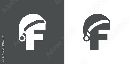Logotipo con letra inicial F con silueta de sombrero de Papá Noel en fondo gris y fondo blanco, para su uso en invitaciones y tarjetas de felicitación