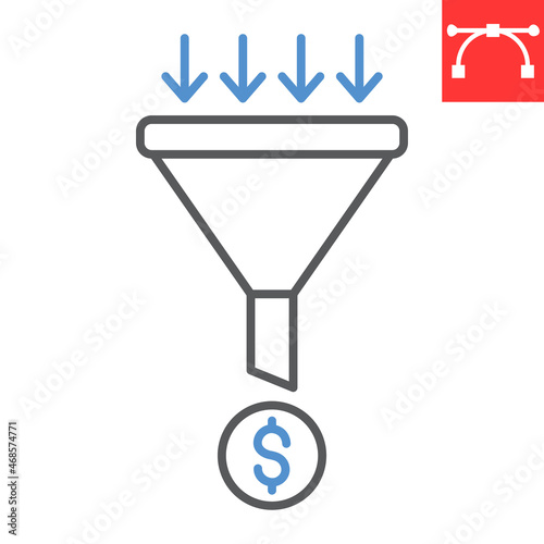 Sales funnel line icon, dollar sign and money, sales funnel vector icon, vector graphics, editable stroke outline sign, eps 10.
