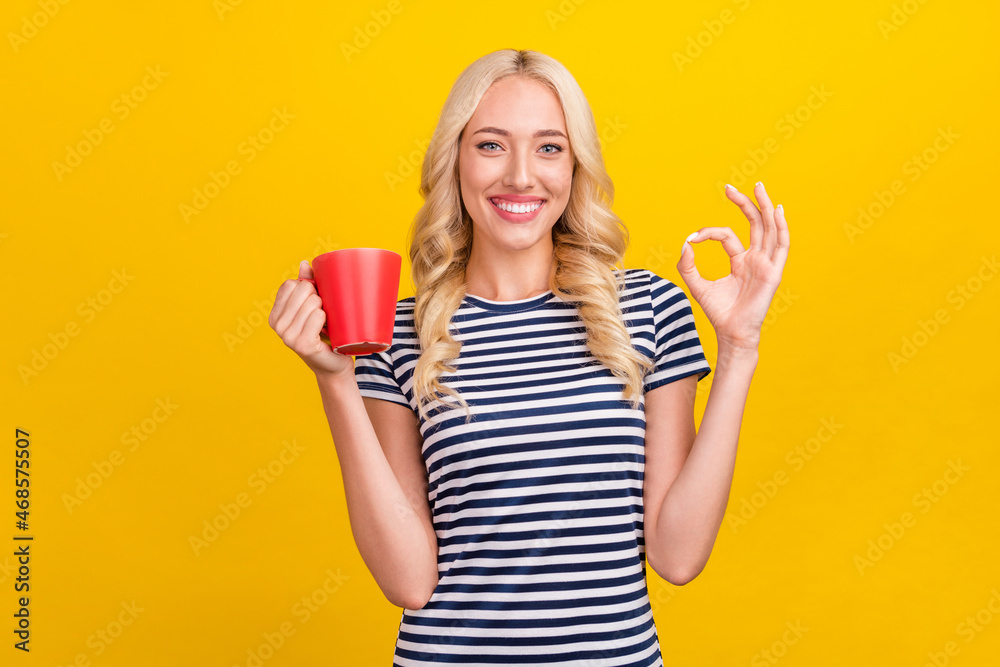 Photo portrait woman in casual clothes keeping mug of coffee showing okay sign isolated vivid yellow color background Photo portrait woman in casual clothes keeping mug of coffee showing okay sign isolated vivid yellow color background