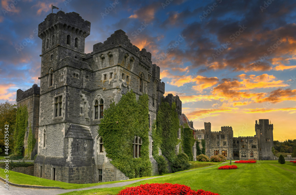 Amazing architecture of the Ashford castle in Co. Mayo at sunset, Ireland - obrazy, fototapety, plakaty 