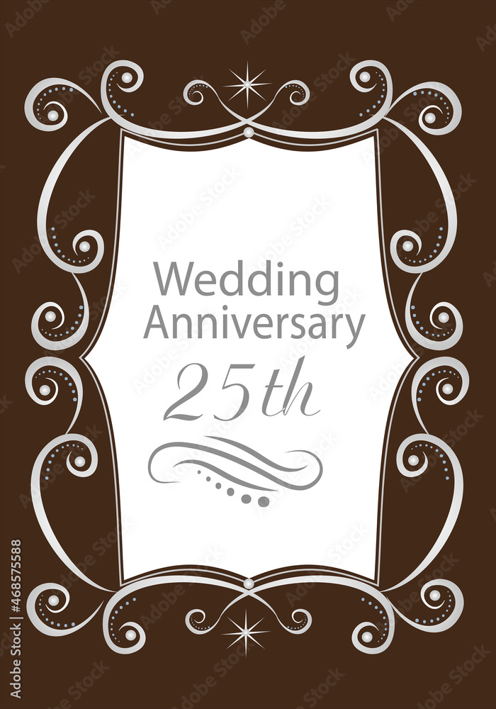 Silver wedding. Anniversary number 25 logo in a frame with decorative elements. Template for the design of a festive event, wedding, greeting card and invitation. illustration 
