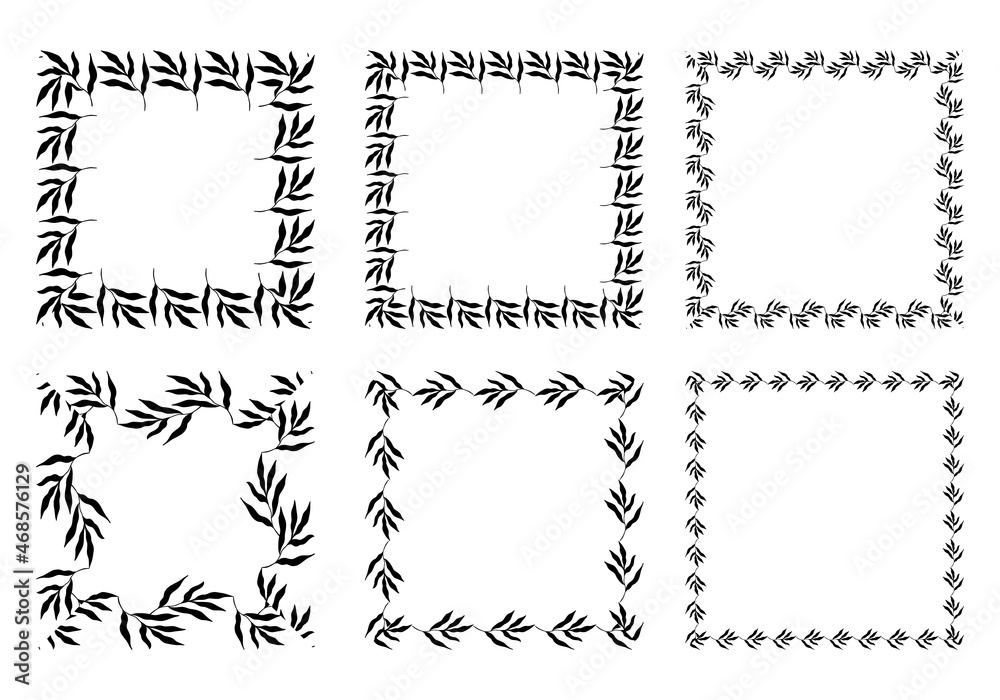 Illustration of collection of assorted square shaped black square frames made of plants on white isolated background