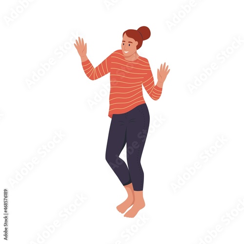 A young woman in homemade clothes is dancing. Flat vector illustration