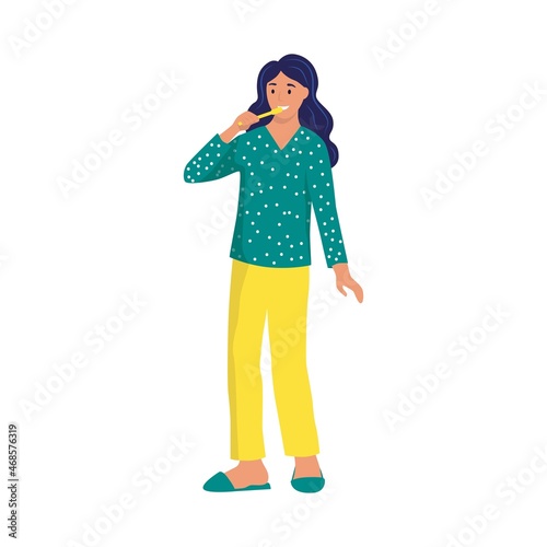 A young woman is brushing her teeth. Flat vector illustration